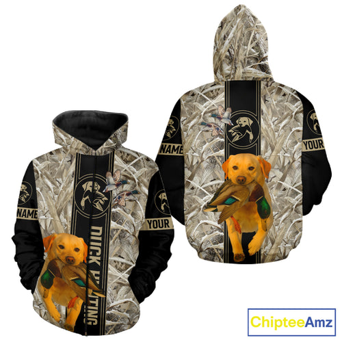 Yellow Lab Mallard Duck Hunting Winter Camo 3D Shirt, Custom Name Waterfowl Hunting Clothes NHT232