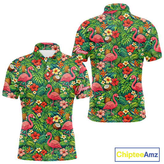 Men's Golf Polo Shirt Colorful Floral Flamingo Pattern Tropical Leaves Custom Name NHT538
