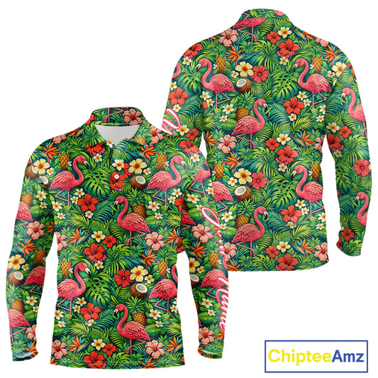 Men's Golf Polo Shirt Colorful Floral Flamingo Pattern Tropical Leaves Custom Name NHT538