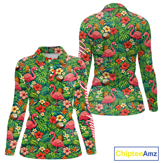 Womens Golf Polo Shirt Colorful Floral Flamingo Pattern Tropical Leaves Custom Name NHT538