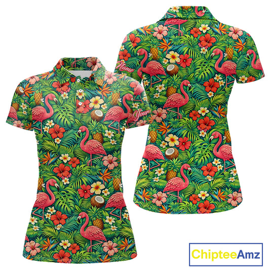 Womens Golf Polo Shirt Colorful Floral Flamingo Pattern Tropical Leaves Custom Name NHT538
