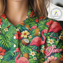 Load image into Gallery viewer, Womens Golf Polo Shirt Colorful Floral Flamingo Pattern Tropical Leaves Custom Name NHT538