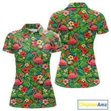 Load image into Gallery viewer, Womens Golf Polo Shirt Colorful Floral Flamingo Pattern Tropical Leaves Custom Name NHT538