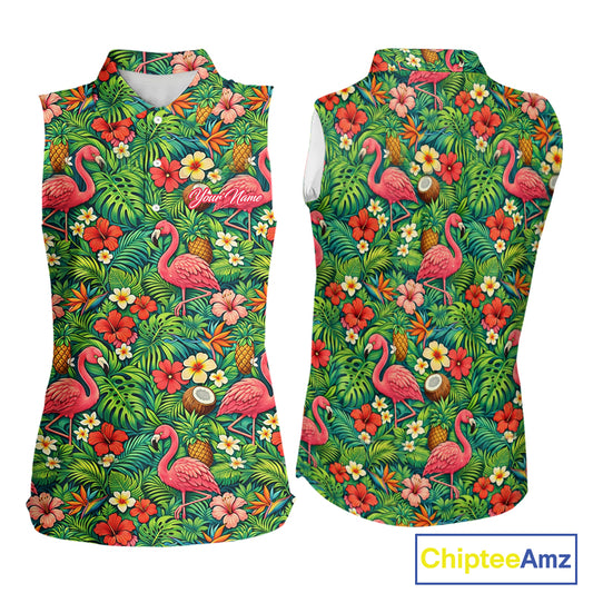 Womens Sleeveless Golf Polo Shirt Colorful Floral Flamingo Pattern Tropical Leaves Custom Name NHT538
