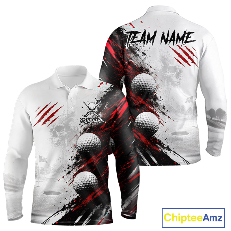Personalized Skull Mens Golf Shirt Custom Name Family Team Outfits Cool Scratch Splatter Black Golf Polo NHT1239