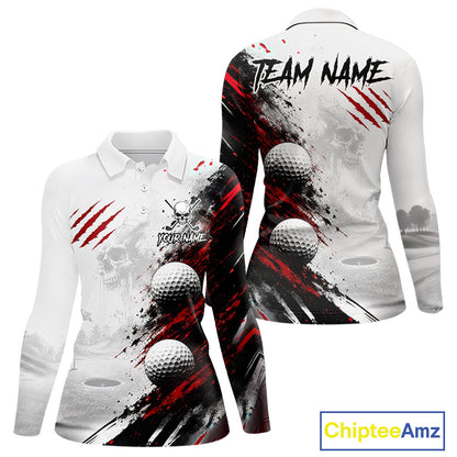 Personalized Skull Womens Golf Shirt Custom Name Family Team Outfits Cool Scratch Splatter Black Golf Polo NHT1239