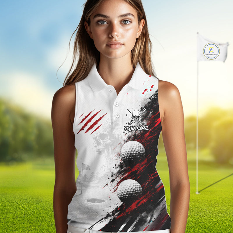 Personalized Skull Womens Sleeveless Golf Shirt Custom Name Family Team Outfits Cool Scratch Splatter Black Golf Polo NHT1239