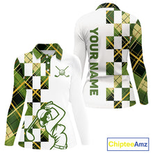 Load image into Gallery viewer, Personalized Green Tartan Plaid Womens Golf Polo Shirt, Custom Name Golf Shirt For Team  NHT553