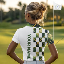 Load image into Gallery viewer, Personalized Green Tartan Plaid Womens Golf Polo Shirt, Custom Name Golf Shirt For Team  NHT553