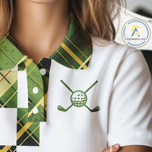 Load image into Gallery viewer, Personalized Green Tartan Plaid Womens Golf Polo Shirt, Custom Name Golf Shirt For Team  NHT553