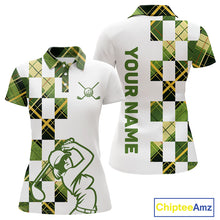 Load image into Gallery viewer, Personalized Green Tartan Plaid Womens Golf Polo Shirt, Custom Name Golf Shirt For Team  NHT553