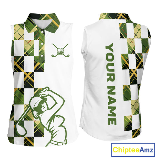 Personalized Green Tartan Plaid Womens Sleeveless Golf Polo Shirt, Custom Name Golf Shirt For Team  NHT553
