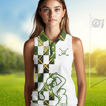 Load image into Gallery viewer, Personalized Green Tartan Plaid Womens Sleeveless Golf Polo Shirt, Custom Name Golf Shirt For Team  NHT553
