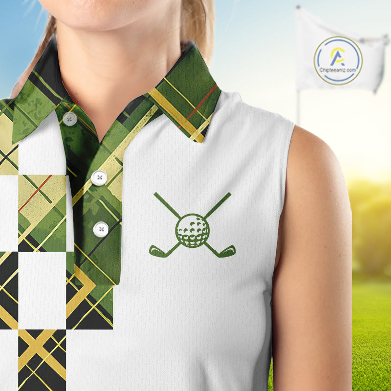 Personalized Green Tartan Plaid Womens Sleeveless Golf Polo Shirt, Custom Name Golf Shirt For Team  NHT553