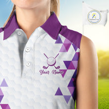 Load image into Gallery viewer, Custom Purple Geometric Womens Sleeveless Golf Polo Shirt, Personalized Team Name Golf Polo Shirt NHT554