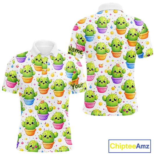 Funny Cactus Flower Pattern Golf Polo, Cute Cartoon Plant Shirt Personalized, Colorful Succulent Shirt NHT556