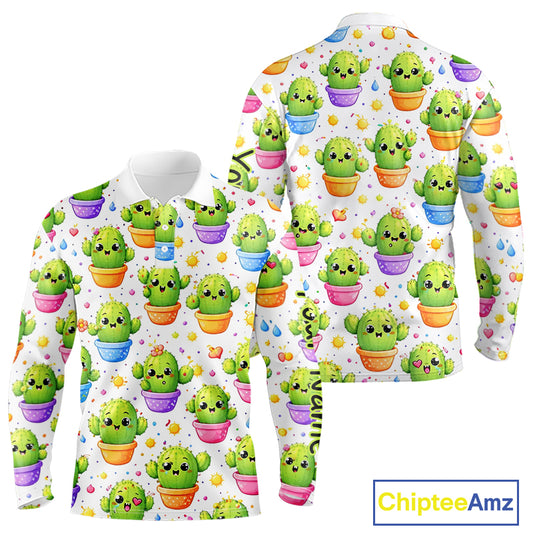 Funny Cactus Flower Pattern Golf Polo, Cute Cartoon Plant Shirt Personalized, Colorful Succulent Shirt NHT556
