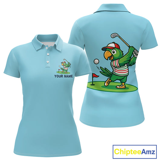Personalized Womens Golf Polo Shirt Custom Name Funny Green Parrot Design|Blue 