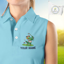 Load image into Gallery viewer, Personalized Womens Sleeveless Golf Polo Shirt Custom Name Funny Green Parrot Design|Blue 