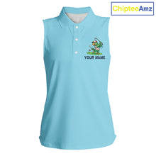 Load image into Gallery viewer, Personalized Womens Sleeveless Golf Polo Shirt Custom Name Funny Green Parrot Design|Blue 