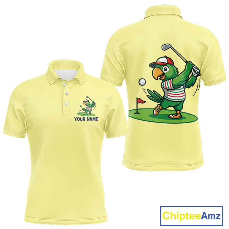 Personalized Mens Golf Polo Shirt Custom Name Funny Green Parrot Design|Yellow 