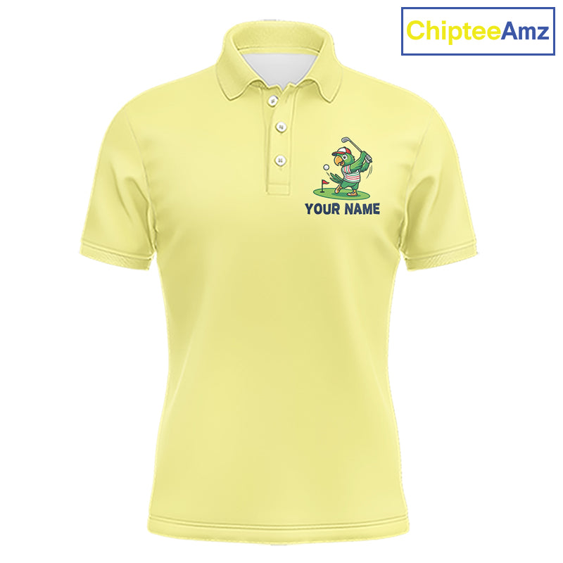 Personalized Mens Golf Polo Shirt Custom Name Funny Green Parrot Design|Yellow 