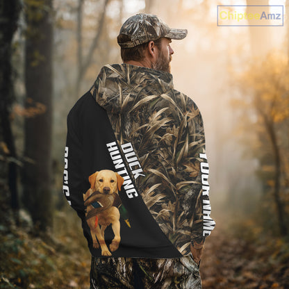 Waterfowl Duck Hunting With Yellow Lab Dogs, Custom Name All Over Print Shirts NHT234