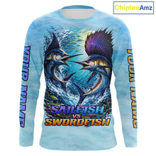 Load image into Gallery viewer, Personalized Sailfish Vs Swordfish Fishing Saltwater Long Sleeve Fishing Shirts NHT419