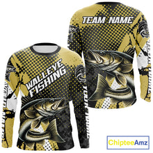 Load image into Gallery viewer, Personalized Walleye Fishing Shirts Long Sleeve, Yellow Camo Walleye Fishing Shirts NHT483