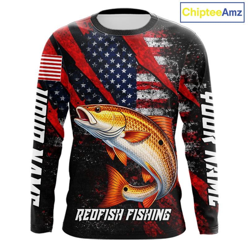 Patriotic Redfish Fishing Jersey, Fishing Shirts Long Sleeve Custom Name For Men NHT485