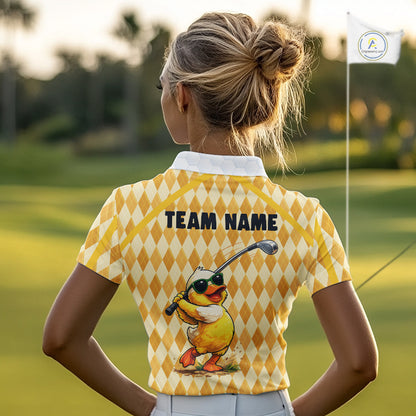 Custom Yellow & White Funny Duck Golf Shirt For Womens, Golf Jersey Argyle Pattern For Womens NHT559