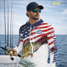 Load image into Gallery viewer, Personalized Patriotic Walleye Fishing Shirts Long Sleeve Hooded , American Flag Fishing Jerseys For Men NHT774