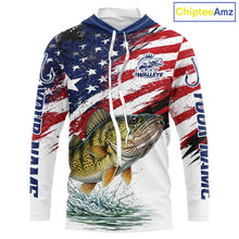 Load image into Gallery viewer, Personalized Patriotic Walleye Fishing Shirts Long Sleeve Hooded , American Flag Fishing Jerseys For Men NHT774