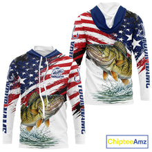 Load image into Gallery viewer, Personalized Patriotic Walleye Fishing Shirts Long Sleeve Hooded , American Flag Fishing Jerseys For Men NHT774