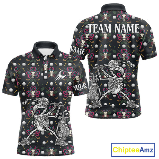 Dark Skull Golf Polo Shirt – Gothic Skeleton Flamingo Pattern Funny Golf Shirt For Men NHT781