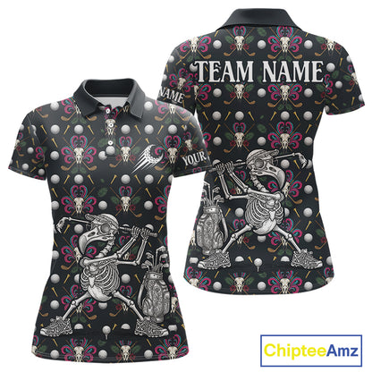 Dark Skull Golf Polo Shirt – Gothic Skeleton Flamingo Pattern Funny Golf Shirt For Womens NHT781