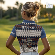 Load image into Gallery viewer, Custom Blue Red Argyle Womens Golf Polo Shirt Skull Flamingo Design, Personalized Team Name Shirt NHT794