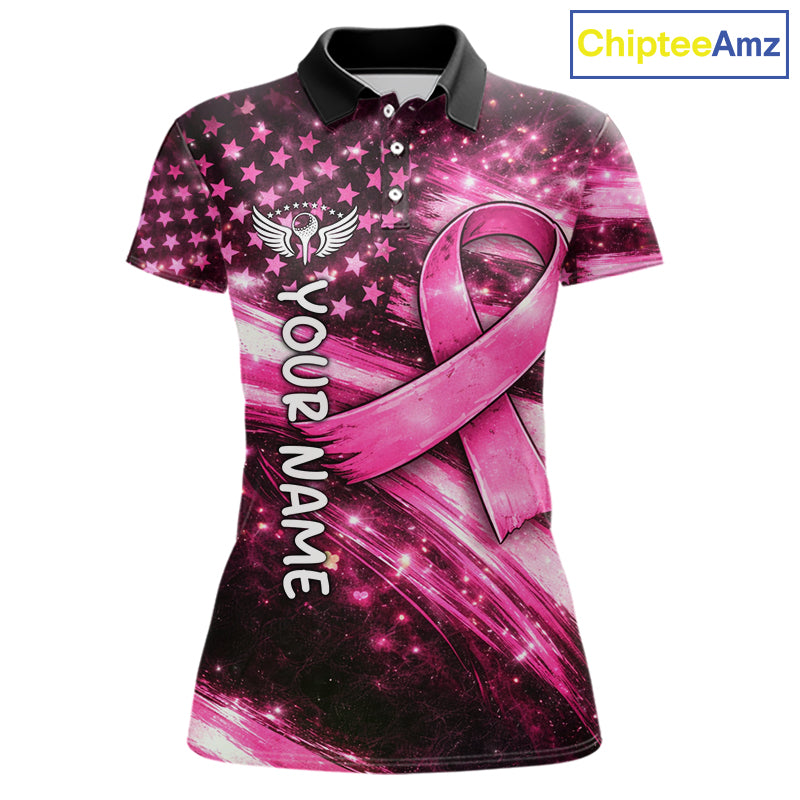 Personalized Breast Cancer Awareness Polo Shirt American Flag Pink Ribbon – Golf Gift For Women NHT799
