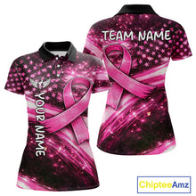 Load image into Gallery viewer, Personalized Breast Cancer Awareness Polo Shirt American Flag Pink Ribbon – Golf Gift For Women NHT799