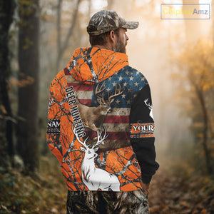 Deer Hunting Shirt Personalized 3D All Over Print Orange Camo With US Flag Hunting Clothes NHT156