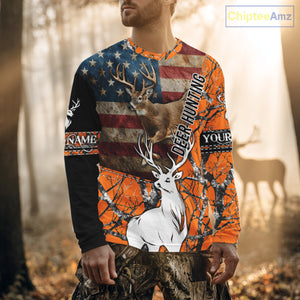 Deer Hunting Shirt Personalized 3D All Over Print Orange Camo With US Flag Hunting Clothes NHT156