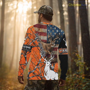 Deer Hunting Shirt Personalized 3D All Over Print Orange Camo With US Flag Hunting Clothes NHT156