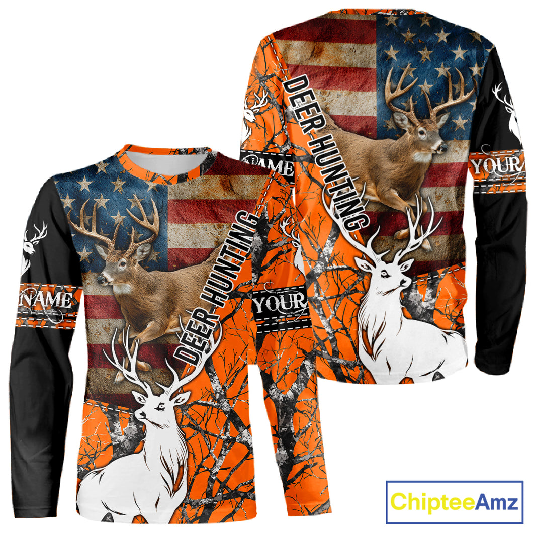 Deer Hunting Shirt Personalized 3D All Over Print Orange Camo With US Flag Hunting Clothes NHT156