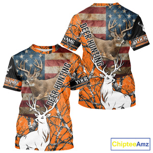 Deer Hunting Shirt Personalized 3D All Over Print Orange Camo With US Flag Hunting Clothes NHT156