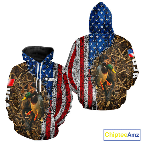 Mallard Duck Hunting Shirt Personalized Camo With German Shorthaired Pointer US Flag Clothes NHT160