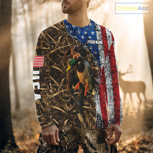 Mallard Duck Hunting Shirt Personalized Camo With German Shorthaired Pointer US Flag Clothes NHT160