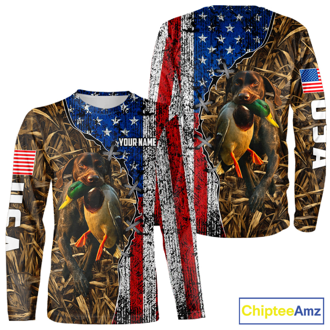 Mallard Duck Hunting Shirt Personalized Camo With German Shorthaired Pointer US Flag Clothes NHT160
