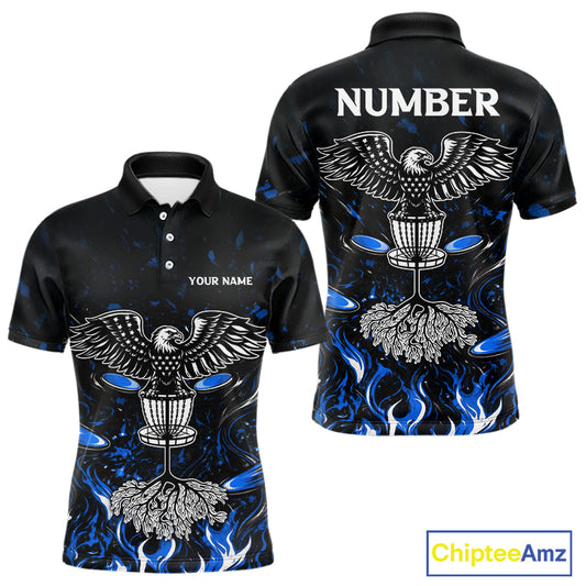 Personalized Mens Disc Golf Polo Shirt With Eagle Design, Customizable Name, Unisex Sports Jersey For Men|Blue NHT811