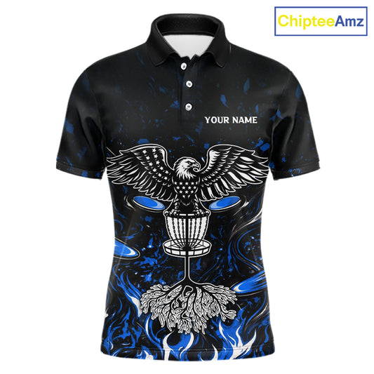 Personalized Mens Disc Golf Polo Shirt With Eagle Design, Customizable Name, Unisex Sports Jersey For Men|Blue NHT811