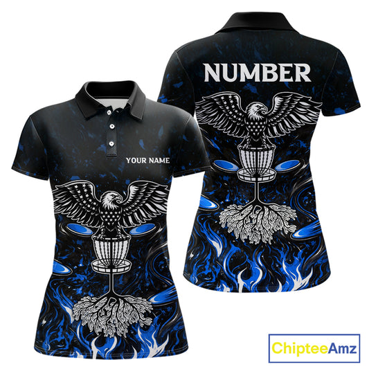 Personalized Womens Disc Golf Polo Shirt With Eagle Design, Customizable Name, Unisex Sports Jersey For Womens |Blue NHT811